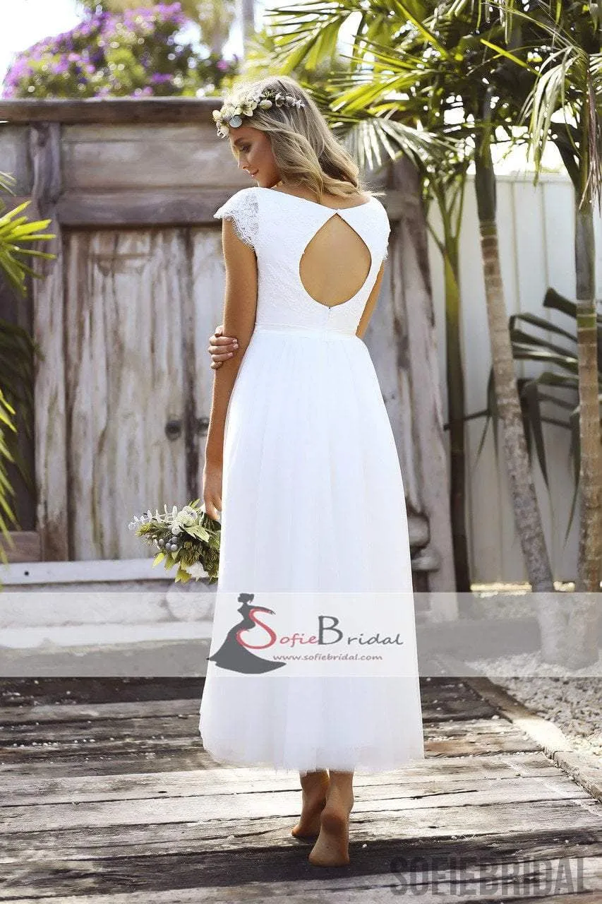 Cap Sleeve V-neck Long A-line Lace Tulle Wedding Dresses, Open Back Wedding Dresses, WD0260