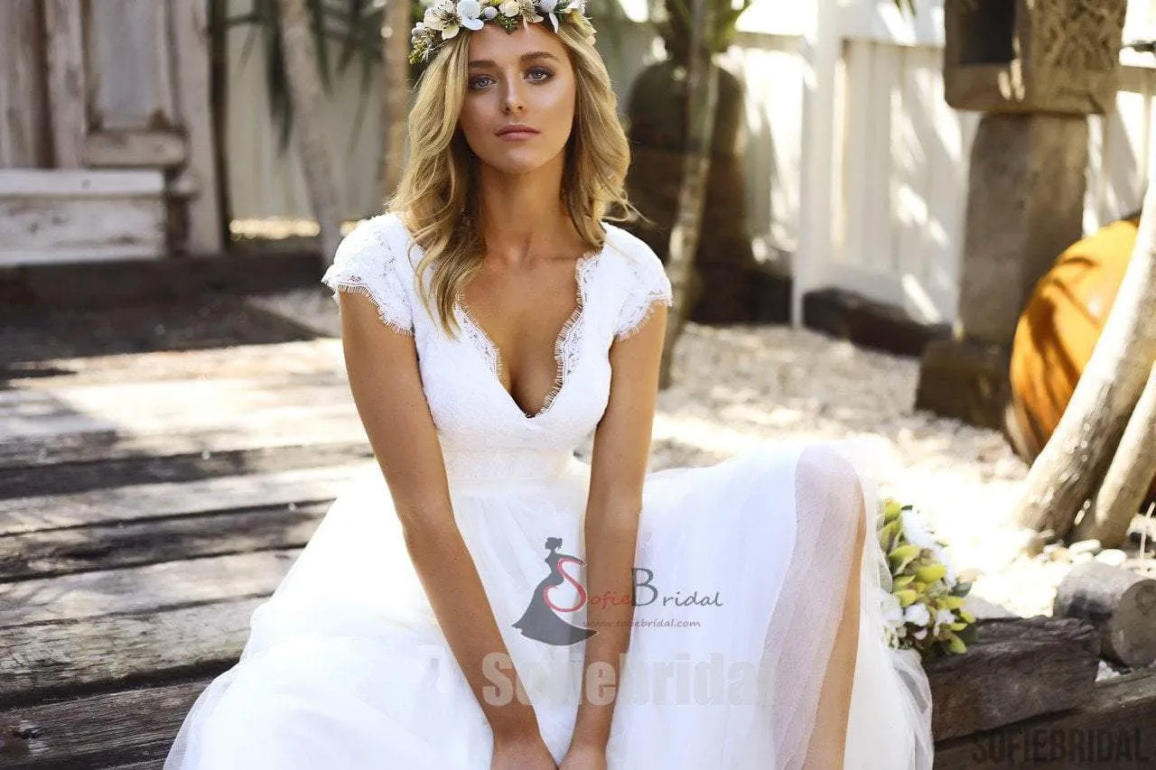 Cap Sleeve V-neck Long A-line Lace Tulle Wedding Dresses, Open Back Wedding Dresses, WD0260