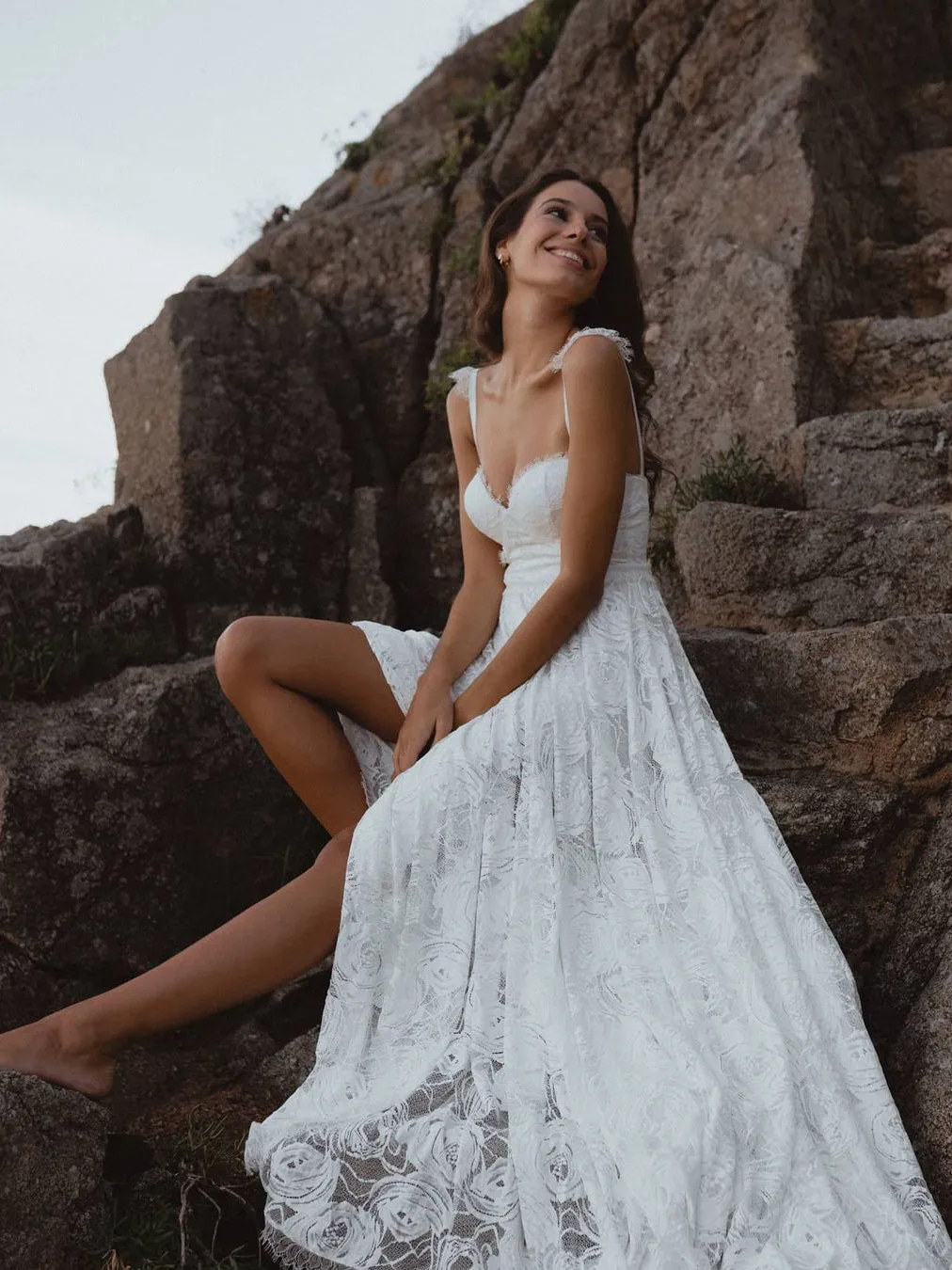 Charming A-Line Lace Backless V-Neck Spaghetti Straps Wedding Dress WD593