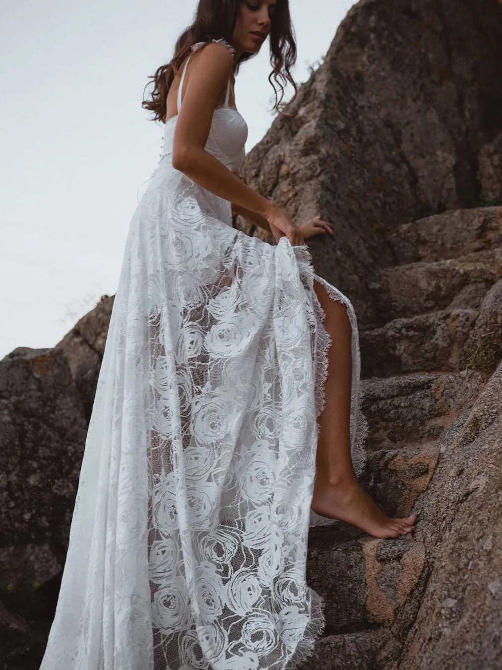 Charming A-Line Lace Backless V-Neck Spaghetti Straps Wedding Dress WD593