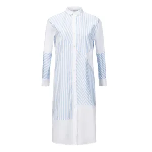 Patchwork Striped Shirt Dress - Light Blue   White