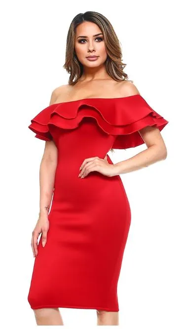 Strapless Red Midi Dress with Ruffle Detail