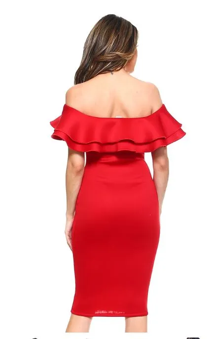 Strapless Red Midi Dress with Ruffle Detail